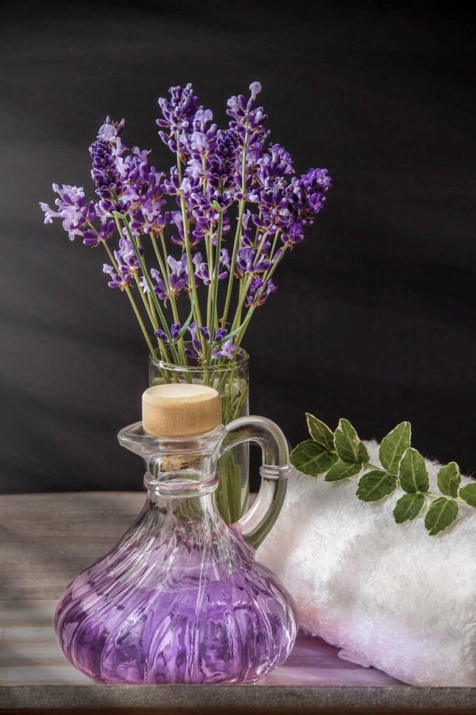 wellness, spa, carafe, purple, towel, rolled, herbs, beautiful wallpaper, bamboo, relaxation, massage, background, lavender